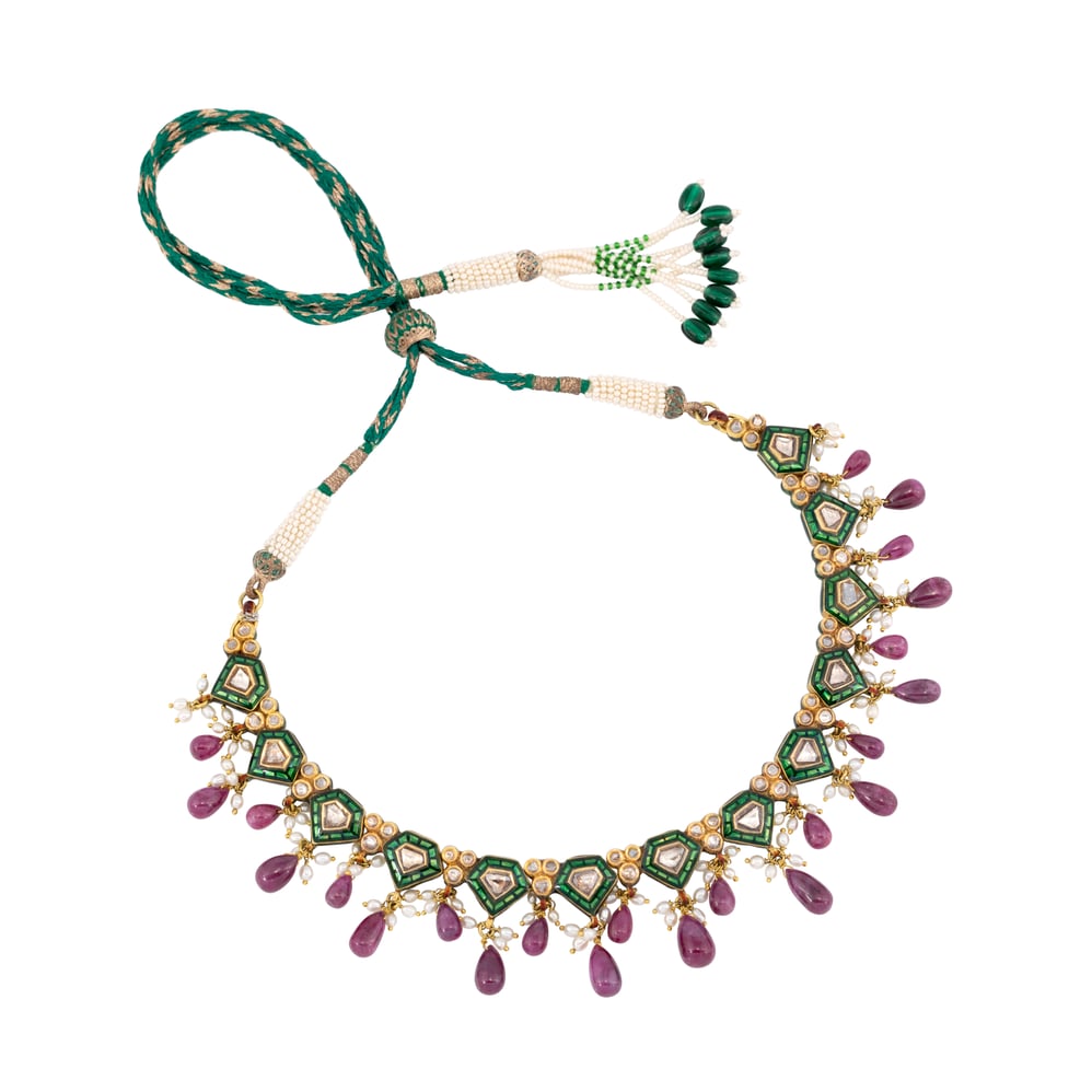 Green Talaf Polki Neacklace Set with Ruby Colour Drops